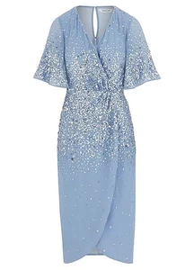 Women Dress Pale Blue Dazzling Sequin Wrap Ladies Dress UK 20 EU48-LOOSE THREADS - Picture 1 of 4