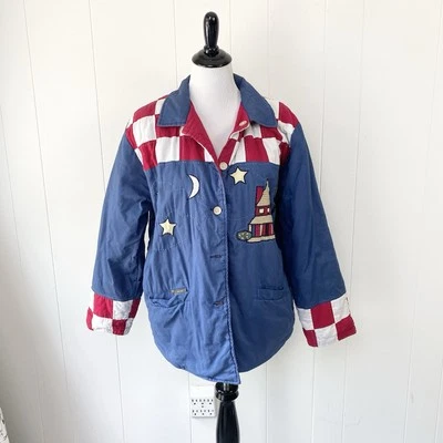 Mujer M Americana Patchwork Cabin Sky Acolchado Reversible Botón Chaqueta Roja Foto 1 de 4