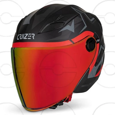 CRUIZER Casco moto jet omologato STAR Nero Rosso doppia visiera trasparente sole