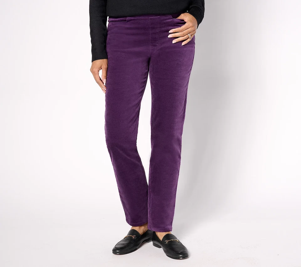 Denim & Co. Petite Stretch Velvet Straight Leg Pull On Pants Deep Purple L New - Image 1 of 1