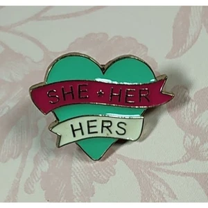 She, Her, Hers Heart Pronouns Pin for a Hat, Lapel, Lanyard, Jacket or Backpack - Picture 1 of 3