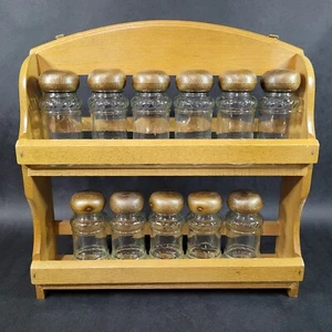 Vintage Wood Wall Spice Rack With 11 Jars 1980s home decor Set - Picture 1 of 9