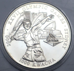 SAMBIA: 1000 Kwacha 2000: OLYMPIADE SYDNEY - SPEERWERFER, NEUSILBER, St, S29 - Bild 1 von 2