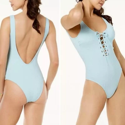 CW California Waves Blue Lace Up Deep V Neck Plunge One Piece Swimsuit Medium - Image 1 of 4