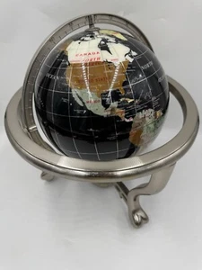 9.5" Tall Black Ocean Silver 3 Leg Table Stand Gem MOP Gemstone World MAP Globe - Picture 1 of 9