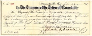 1887 Check, THE TREASURER OF THE TOWN OF BARNSTABLE, MASSACHUSETTS - Picture 1 of 1
