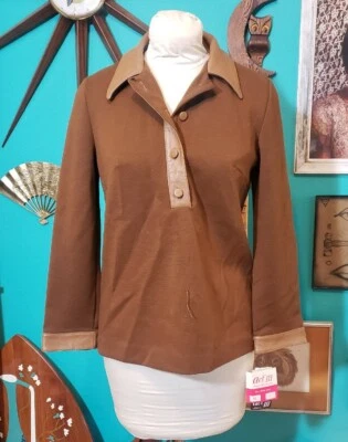 Blusa Camisa Disco De Colección Años 70 Nueva Con Etiquetas Acto III Marrón Lana Cuero Cuello Daga Foto 1 de 4