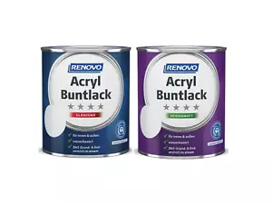 Acryl Buntlack Renovo Seidenmatt Glänzend 375ml/750ml Innen Außen Farbwahl - Bild 1 von 20