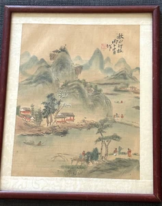 Antique Chinese Silk painting mountain fishing village Nicely painted - Picture 1 of 8