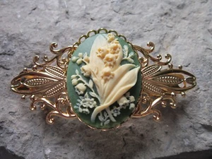 LILY OF THE VALLEY CAMEO GOLD FILIGREE BARRETTE - GREEN - FLORAL - WEDDING - Bild 1 von 3