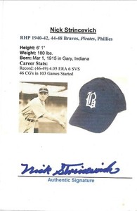 SIGNED 4" x 6" INDEX CARD NICK JUMBO STRINCEVICH (D. 2011) BRAVES PIRATES PHILS