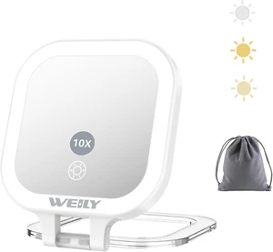 Compact Mirror with Lighting, 10X/1X Magnification, Double-Sided Travel Mirror, - Picture 1 of 12