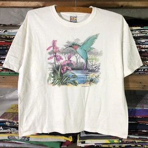 Free Shipping!! Vintage 90s Boxy Style T Shirt Bird Flower Natural Print Size XL - Picture 1 of 7