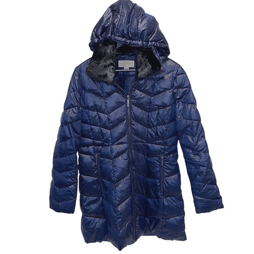 Cappotto donna Michael Kors full zip collo pelliccia sintetica cappuccio piumino blu navy piccolo