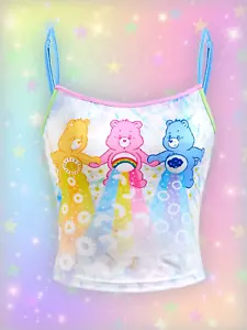 Women's Care Bears Kawaii Cartoon Rainbow Cute Spaghetti Straps Cami Crop Top - Picture 1 of 6