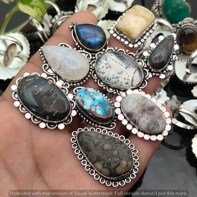 Lote de anillos de piedras preciosas de jaspe y mezcla ~ anillos boho apilables enchapados en plata de ley 925 Foto 1 de 4