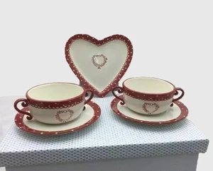 Amadéus ensemble deux tasses double anses avec soucoupe et coupelle coeur rouge - Imagen 1 de 4