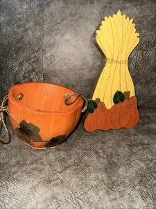 Wood Fall Table Decor Pumpkins And Corn Wheat Stalks Set If 2 Rustic Farm - Picture 1 of 5
