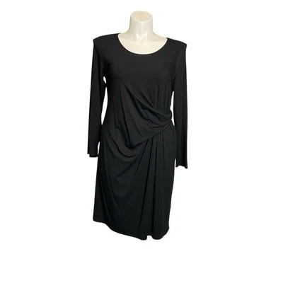 J Jill Wearever Stretch Twist Faux Wrap Drape Waist Midi Dress Black Sz L Petite - Image 1 of 4