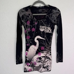 Christian Audigier Crystal Rock Top Damen XS Crane Blossom Y2K Tunika Shirt Tee - Bild 1 von 13