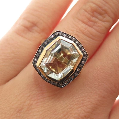 925 Sterling Silver Gold Plated Real Diamond & Green Amethyst Ring Size 5.75 - Image 1 of 4