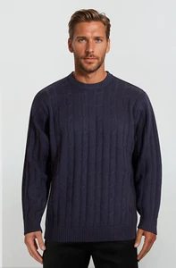Ansett Pure Wool Cable Knit Crew Neck Jumper Sweater Knitwear Navy Blue - Picture 1 of 1