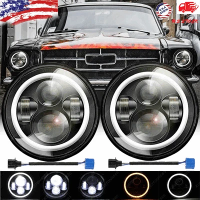 For Ford Mustang 1965-1978 7" INCH Round LED Headlights Halo DRL Angel Eyes Pair - Image 1 of 4