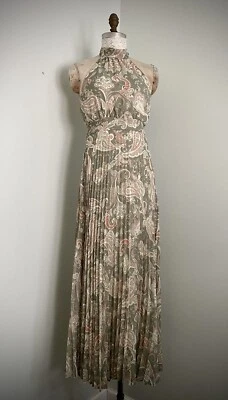 Maxi Vestido Jessica Simpson Verde y Rosa Paisley Plisado Gasa Talla M Halter Foto 1 de 4