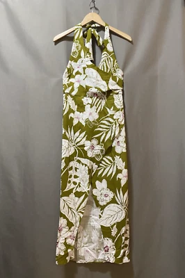 NWT ZARA Women Halter Tie Neck Zipper Rayon Linen Wrap Dress Size S Olive Floral - Image 1 of 4