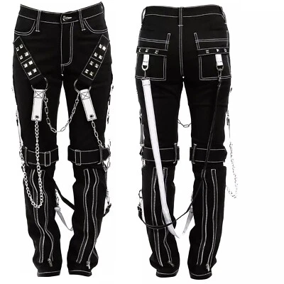 Electro Bondage Goth Punk Black Chain Pants Skinny Techwear Zipper Trousers - Image 1 of 4