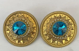 Vintage KATRINA Runway Statement Gold Medallion Blue Stone Earrings 80’s - Picture 1 of 9