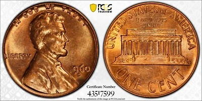 1960-D Lincoln Cent Large Date Minor Die Chip PCGS MS-64 RD Cracked Skull - Image 1 of 4