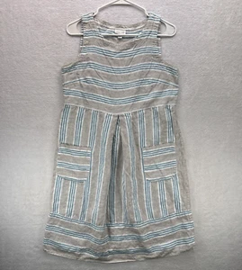 J Jill Shift Dress Womens S Blue Brown White 100% Linen Pockets Comfort Cool - Picture 1 of 10