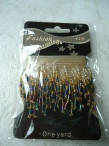 Beige Satin Ribbon W/ Silver/Gold Seed Beads & Iridescent Blue Bugle Bead Fringe - Picture 1 of 4