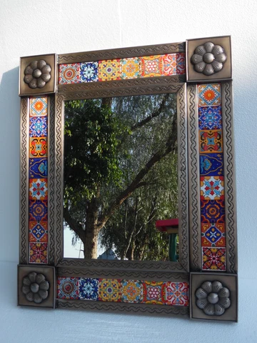 PUNCHED TIN MIRROR mixed talavera tile mexican ethnic hand made folk art Cover