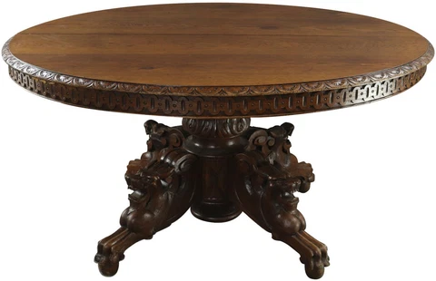 Antique Dining Table Hunting French Renaissance Carved Dragon Legs Pedestal Cover