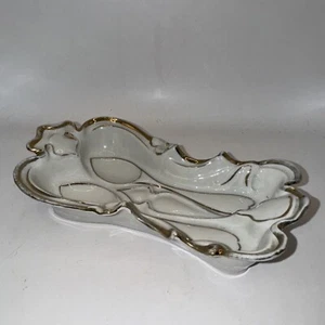 VTG Stamped Germany Ivory & Gold Porcelain Double Spoon Dish Rest - Picture 1 of 10