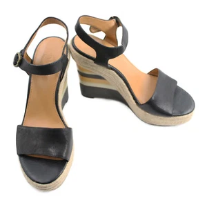 NINE WEST Vatakeatrain Leather Wedge Open Toe Black Sandal Shoe - Size 8 - Picture 1 of 4