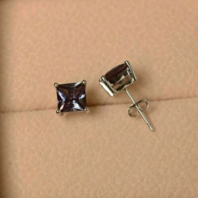 Solitaire Women's Stud Earrings 3Ct Princess Alexandrite Gold Plated Lab Created - Image 1 of 4