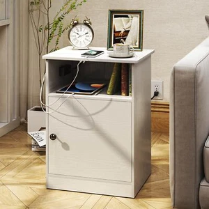 TC-HOMENY White Nightstand w/Charging Station Night Stand Side End Beside Table - Picture 1 of 13