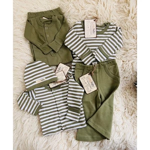 Lotto neonato L'ovedbaby cotone biologico 5 pezzi righe verde salvia - 6M vestiti - Foto 1 di 8
