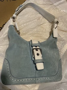 Coach Soho 5033 borsa a tracolla borsetta pelle scamosciata blu chiaro bianco - Foto 1 di 7
