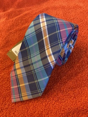 Corbata Class Club Etiqueta Dorada Nueva con Etiquetas 100% Seda Cuadros Azul Naranja Verde Talla 50 Foto 1 de 4