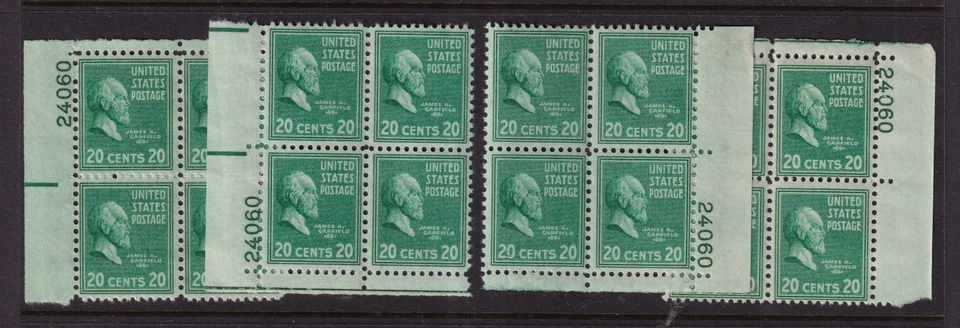 1938 PREXY Garfield Sc 825 20c MNH 4 matched plate blocks Durland CV 24 (Q - Image 1 of 1