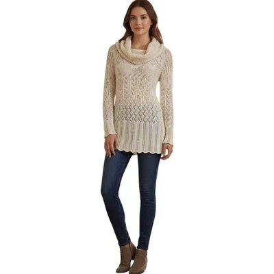 Theory Cowl Neck Sweater Women's Med Beige Mohair Wool Long Sleeve Eyelets Boho - Image 1 of 4