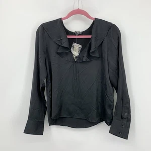 J Crew Damengröße Medium Bluse einfarbig schwarz Satin Goldie Langarm Rüschen - Bild 1 von 7