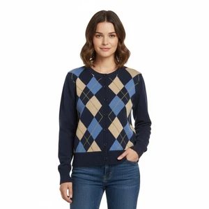 Cárdigan Y2K Vintage Argyle NorthCrest L Azul Tostado Algodón Usado en Excelente Condición Preppy Academia - Imagen 1 de 8