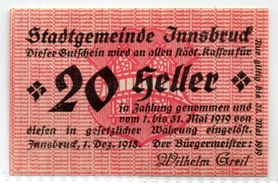1918 年奥地利因斯布鲁克 Notgeld 20 海勒纸币 (216) — 第 1/2 张图片