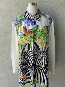 Vintage 90s Diane Gilman Tropical Safari Zebra Parrot Silk Blouse Sz 1X EUC - Picture 1 of 9