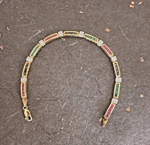 10K Yellow Gold, Ruby, Emerald, Sapphire Gorgeous Link Tennis Bracelet - Picture 1 of 7
